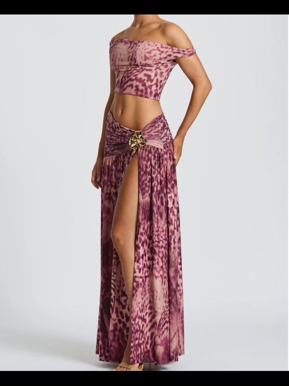 Off-Shoulder Pink Animal-Print Maxi Skirt Set with Gold Accent - Picture 3 of 3